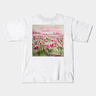 Pink watercolor flower field Kids T-Shirt